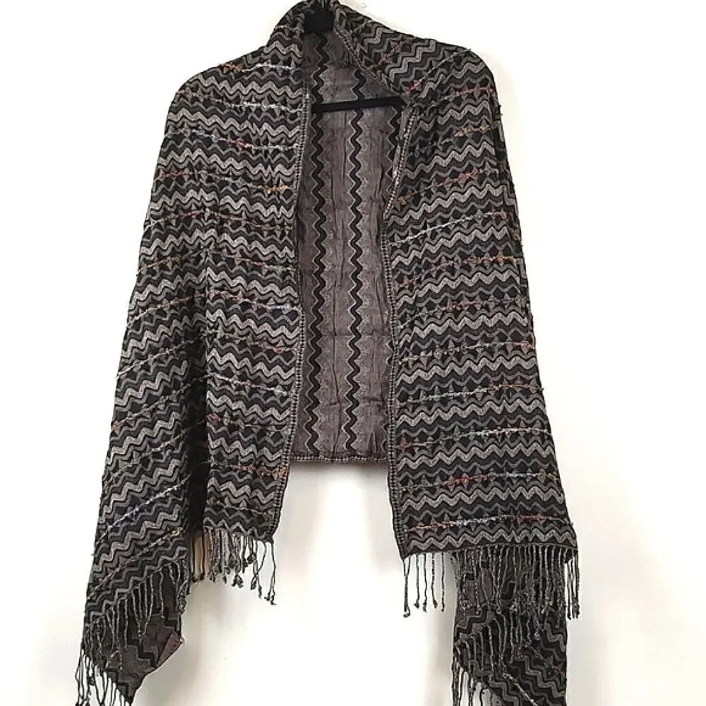 Free People Zig Zag Stripe Boho Fringe Scarf Wrap Festival Coastal Beachy
